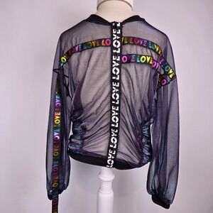 Women's Sheer Mesh Rave Festival Top S Iridescent Love Tape Long Sleeve Clubwear